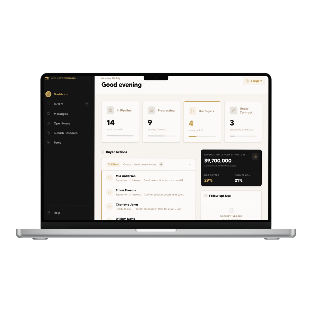 Real Estate Viewers off-the-plan CRM dashboard — buyer pipeline and readiness scores